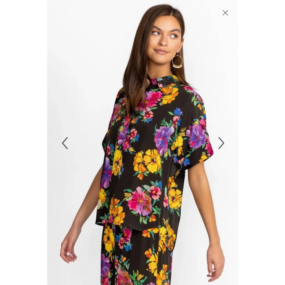 JOHNNY WAS Poppy Floral Silk Tiered Flared Pants & Button Shirt Set